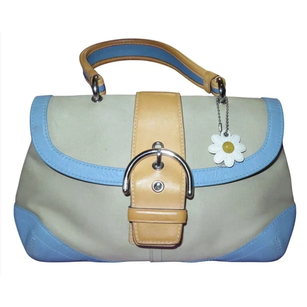 Coach 2004 Daisy Flap Hampton Cream Sateen & Blue and Tan Vachetta Leather